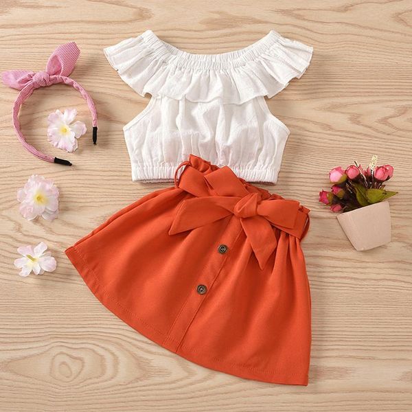 

clothing sets toddler baby kids clothes girls solid ruffles off shoulder short sleeve bow skirt set summer meisjes kleding, White