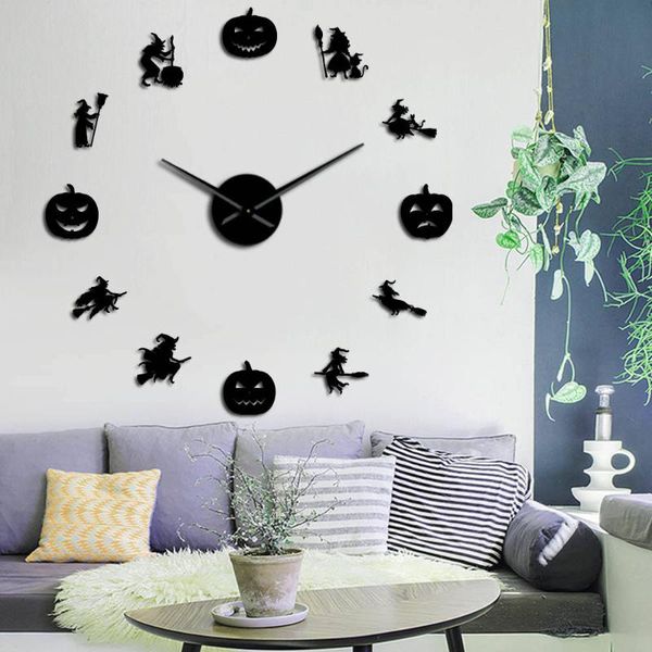 

wall clocks witch with broomstick silhouette giant diy clock halloween art decor gift fairy tale and pumpkins mirror effect watch