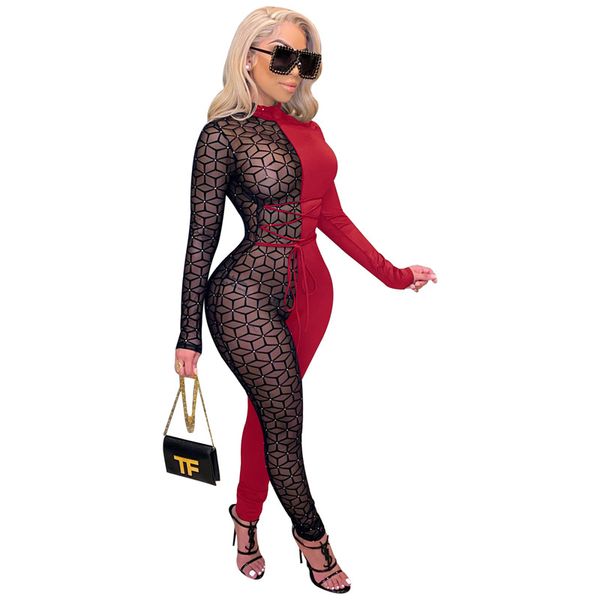

sheer mesh patchwork jumpsuit lace up jumpsuits for women turtleneck long sleeve one piece overall club party romper, White