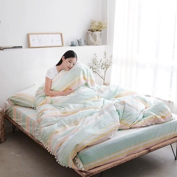 

bedding sets soft fringe ball washed microfiber set full  size 4pcs pom colorful stripe duvet cover bed sheet pillowcases