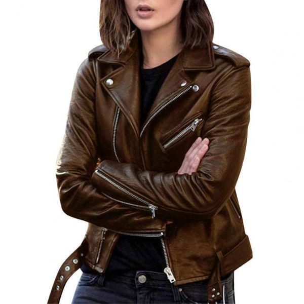 

women's jackets women jacket solid color turndown collar autumn winter long sleeve zipper coat with belt for riding, Black;brown