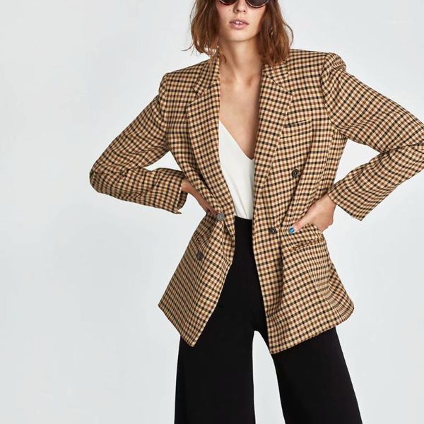 

women's suits & blazers fashion women autumn spring plaid blazer double breasted long sleeve loose notched elegant office lady coat ca, White;black