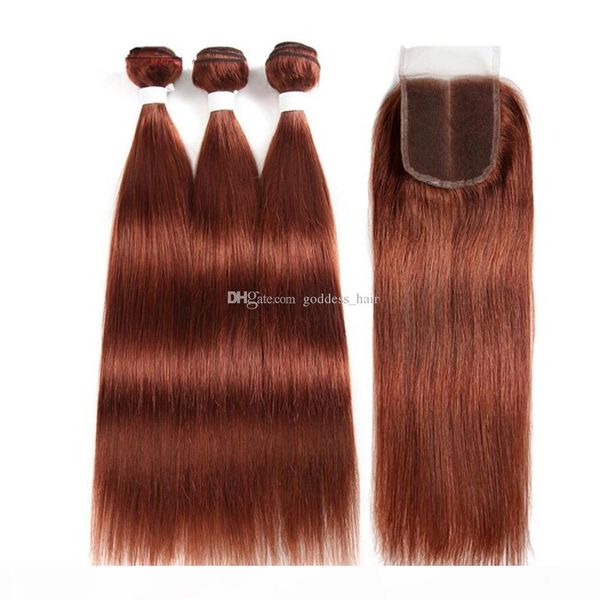 

medium brown auburn color silky straight hair extensions with lace closure 4x4 brown virgin human hair 3bundles with lace closure 340g, Black