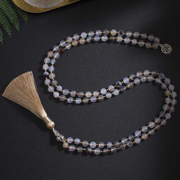 

pendant necklaces 8mm natural white black flower agate beaded knotted mala necklace meditation yoga spirit jewelry 108 japamala woman rosary, Silver