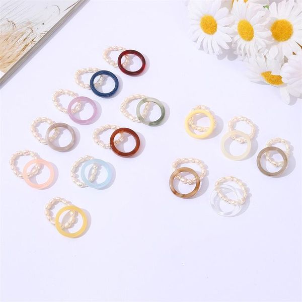 

fashion resin pearl acrylic chunky chain ring set for women colourful geometric square round rings jewelry gifts, Silver
