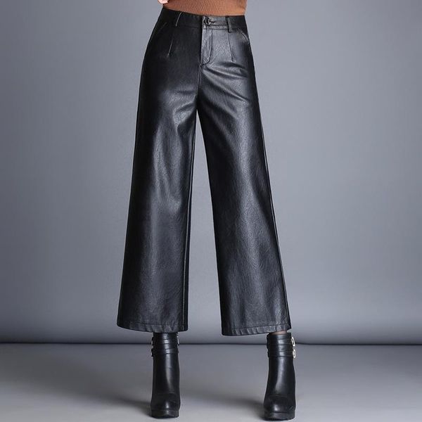 

women's pants & capris leather women black plus size wide leg ankle-length pant bell, Black;white