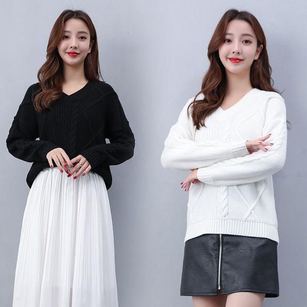 

women's sweaters 2021 autumn winter sweater women casual v neck long sleeve solid color pullovers knitted jumper female, White;black