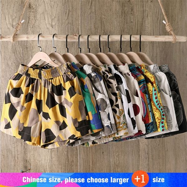 

summer cotton linen shorts women trousers plus size feminino women's shorts elastic high wasit home loose casual print shorts 210306, White;black