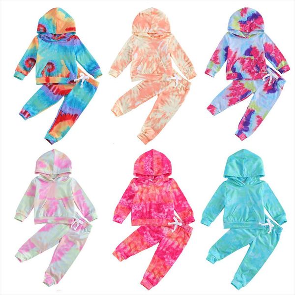 

tie dye printed girls boys clothes sets long sleeve pullover hooded pants 2pcs autumn winter outfits, White