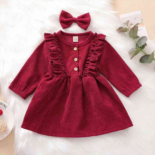 

toddler baby girl clothes dresses high waist midi long sleeve round collar ruffle buttons princess pleated fall dress headband, Red;yellow