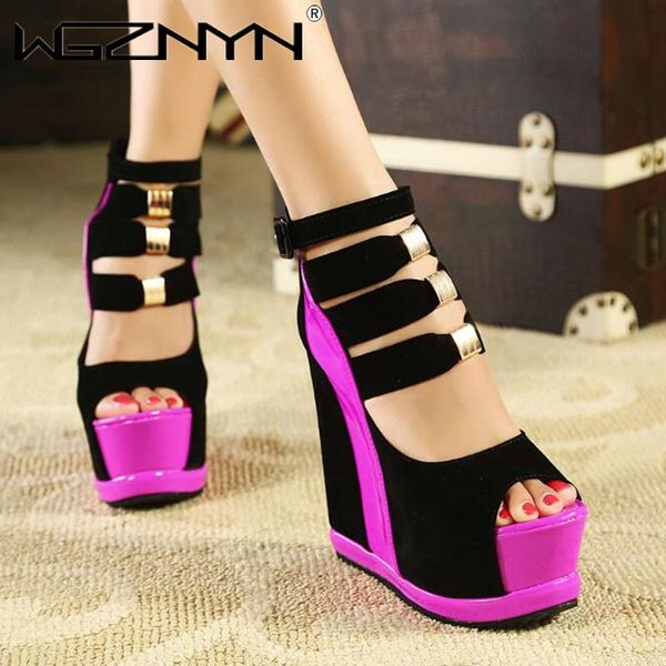 

sandals 2021 ladies waterproof platform 14cm women shoes summer high heels ankle strap zipper wedges belt buckle roman gladiator, Black