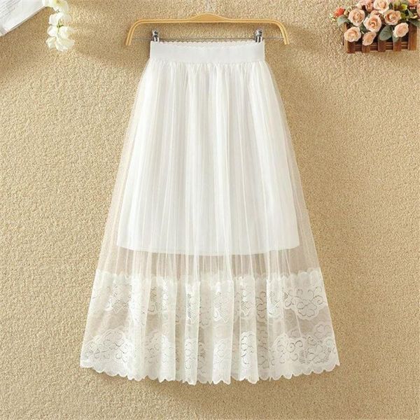 

skirts women's skirt floral pleated mesh overlay elastic waist big swing harajuku vintage a-linetulle summer chiffon, Black