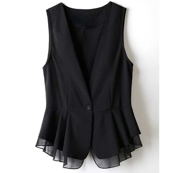 

women's vests chiffon lace patchwork black women vest summer design 2022 sleeveless slim pleated elegant office lady outwear, Black;white