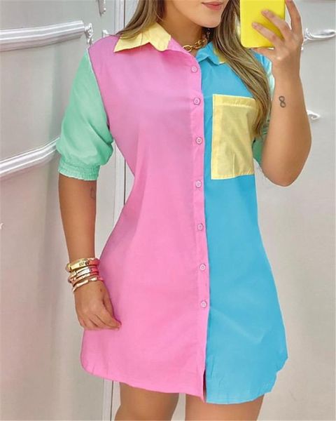 

casual dresses women shirts patchwork dress summer fashion print button pocket colorblock shirt mini, Black;gray