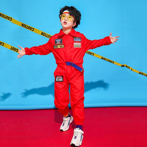 

2021 new jazz dance costumes kids hip hop clothing boys long sleeve workwear jumpsuit girls street dancewear stage outfit, Black;red
