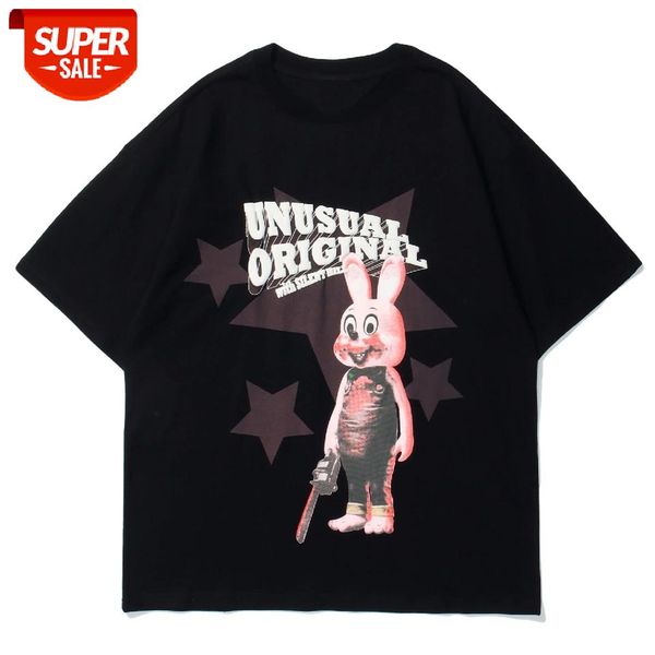 

hip hop t-shirt men streetwear 2021 summer tees cotton short sleeve shirts cartoon animal star print harajuku tshirts black #js3h, White;black