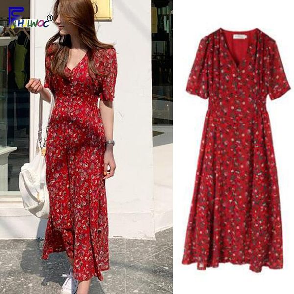 

party dresses vintage red woman fashion korean style design slim a line temperament lady chiffon floral print dress long 610, White;black