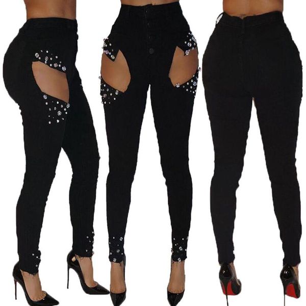 

women's pants & capris fashion design women high waist long pant beading hollow bandage pencil lady spring black trousers for, Black;white