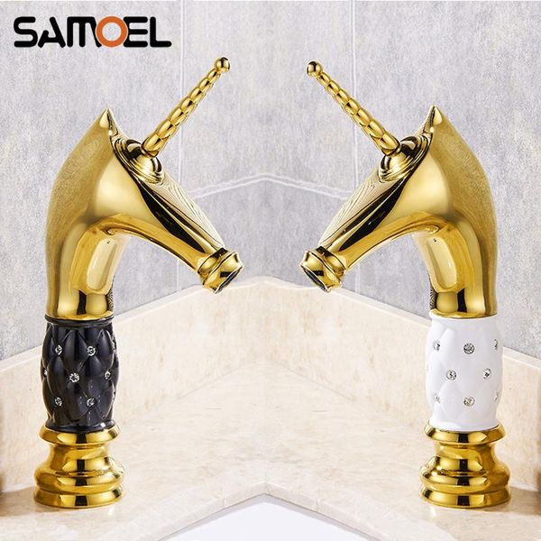 

bathroom sink faucets horse head brass animal shape mixer tap deck-mounted gold basin faucet with ceramic and diamonds g1076