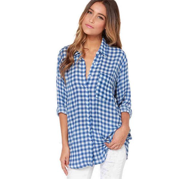 

student base loose leisure simple spring blue long sve plaid shirt girl, White