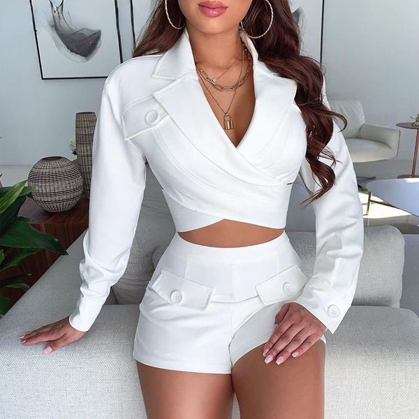 

women's tracksuits two-piece solid halter cross v button and shorts, Gray