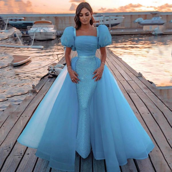 Azzurro cielo elegante abito da sera modesto Dresse Dubai arabo senza spalline paillettes abito formale senza schienale abiti da ballo celebrità Robe De Soiree