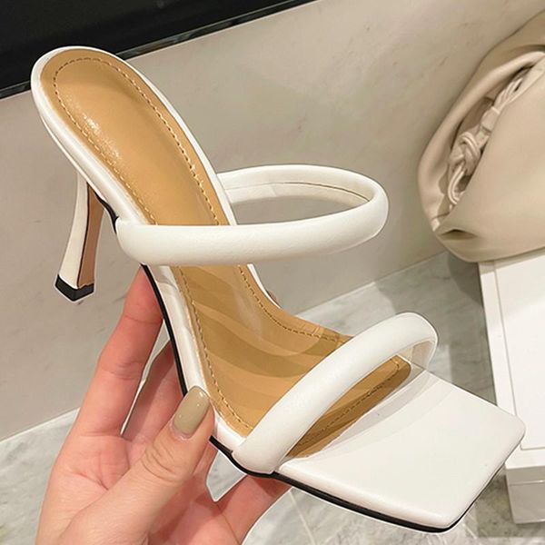 

sandals 2021 brand women slipper summer square toe high heels outdoor sandal slip on flip flop elegant slides u310, Black