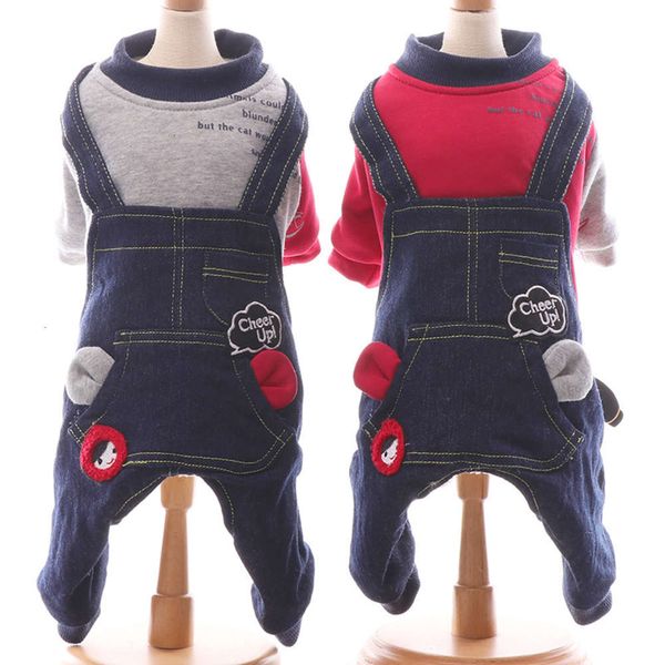 

dog autumn and winter splicing sleeve four legged denim strap velvet small pet clothing 1244