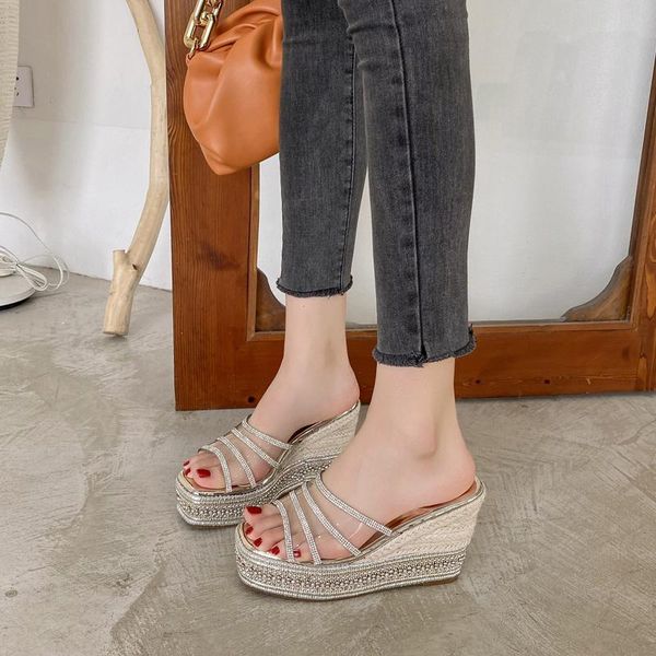 

slippers 2021 woman platform wedge women shoes outside rhinestone beach flip flops girls flop ladies, Black