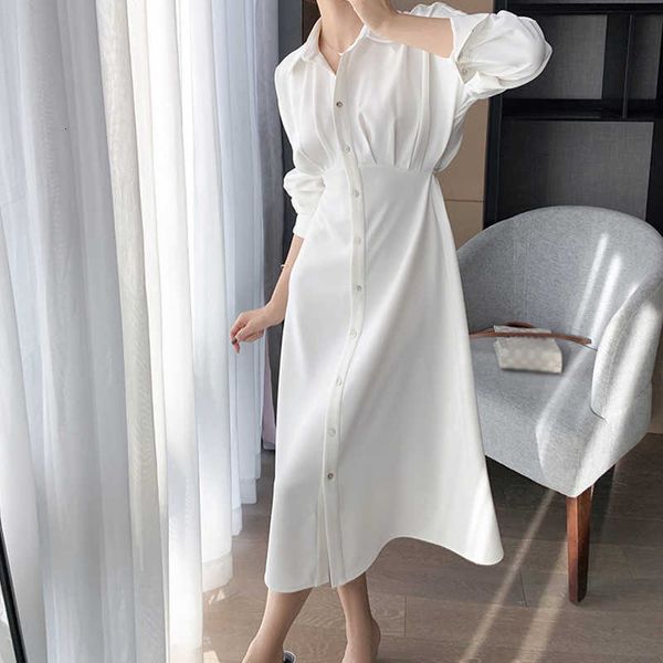 

casual dresses office lady shirt women solid chiffon midi white female design elegant korean summer b8go, Black;gray
