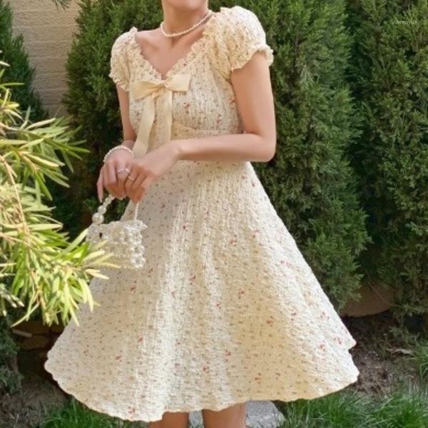 

casual dresses summer elegant floral print dress women french sweet vintage mini female a-line puff sleeve party 2021, Black;gray