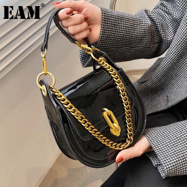 

cross body [eam] women metal chains saddle pu leather flap personality all-match crossbody shoulder bag fashion tide 2021 18a2030