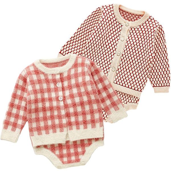 

clothing sets baby suit soft born clothes 2021 girl knit set heart bodysuit pink plaid sweaters 2 pcs, White