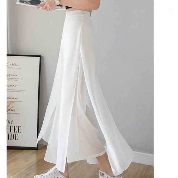 

#1935 summer chiffon side split pants women high waisted wide leg thin loose straight false two piece trousers black white women's & ca