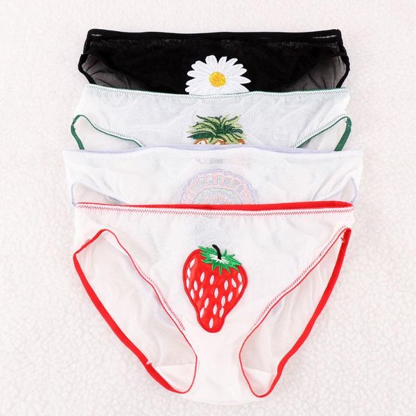 

women's shorts 2021 embroidery strawberry pineapple shell chrysanthemum super thin panties woman transparent see through, White;black