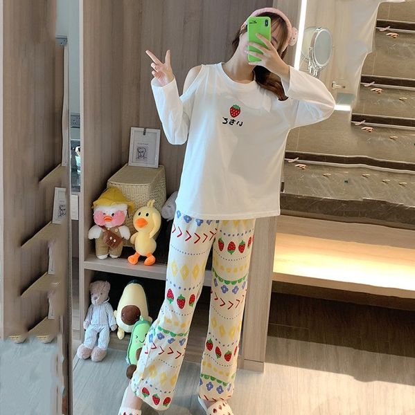 

young lady 2pcs hits pajamas off shoulder up bloom sweet fruit printing house to wear spring autumn nightwear 1h1b, Black;red