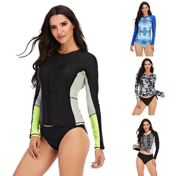 

2021 new diving two piece swimsuit print long sleeve women swimwear bathing suit rash guard surfing swimming suit rashguard