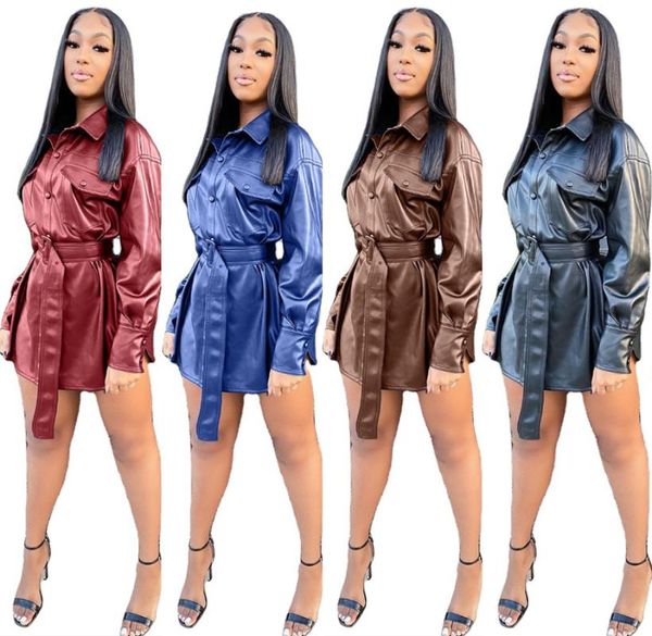 

casual dresses 2021 winter women solid pu shirt dress ins test turn-down collar long sleeve single-breasted sashes streetwear mini, Black;gray