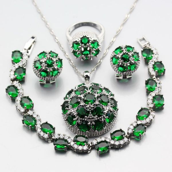 

earrings & necklace manny trinket big ball green zircon silver-color jewelry sets for women ring size 6-7-8-9-10 bracelet length 20cm w312