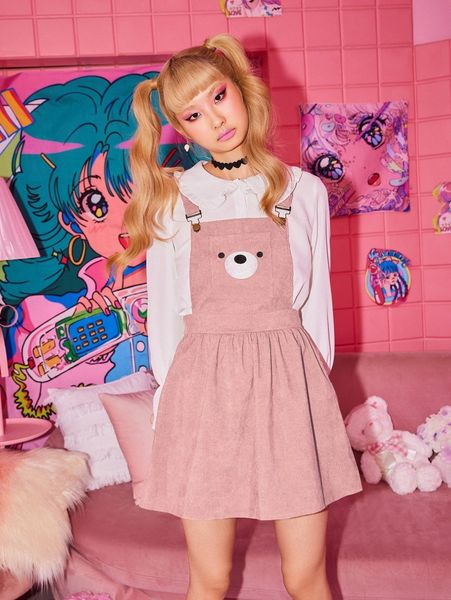 

romwe cartoon graphic corduroy pocket pinafore dress v7hc#, Black;gray