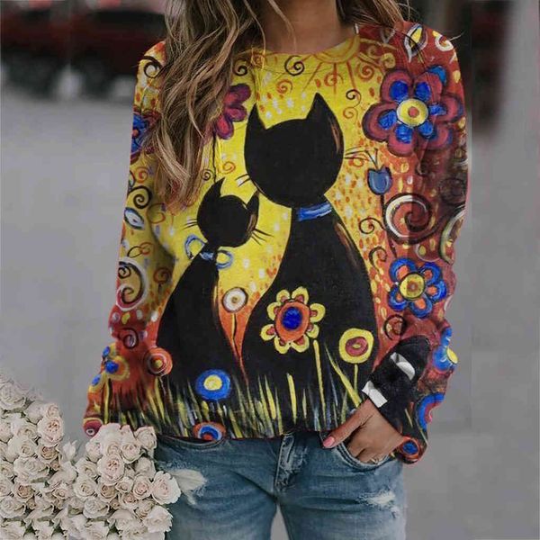

2021 cat cartoon floral print loose long sleeve casual women's sweater, White