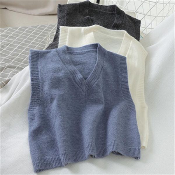 

women's vests 2021 casual autumn winter basic short sweater vest v-neck sleeveless crop pullovers women loose pullover female, Black;white