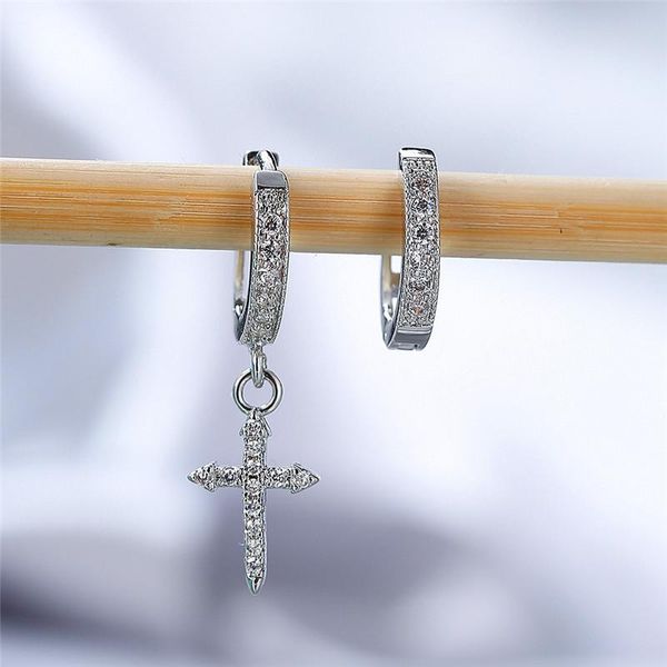 

hoop & huggie korean female cross small earrings silver color asymmetrical for women zircon stone wedding, Golden;silver