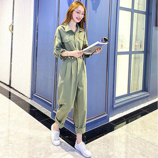

women new 2021 spring autumn vintage workwear slim jumpsuit high waist streetwear romper female casual jumpsuits overalls f247, Black;white