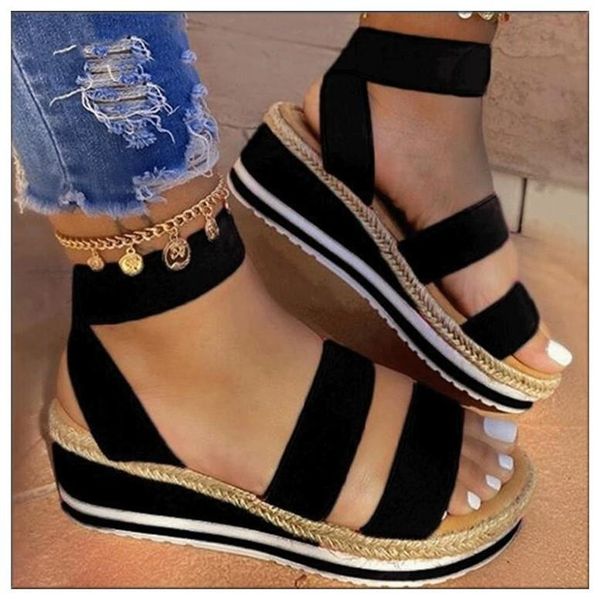 

sandals women wedges platform candy color ladies shoes summer casual slip on strap cross plus size 2021, Black