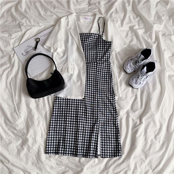 

female set] 2021 spring new shirt white jacket + split chess dress two pieces together tep3, Black;gray