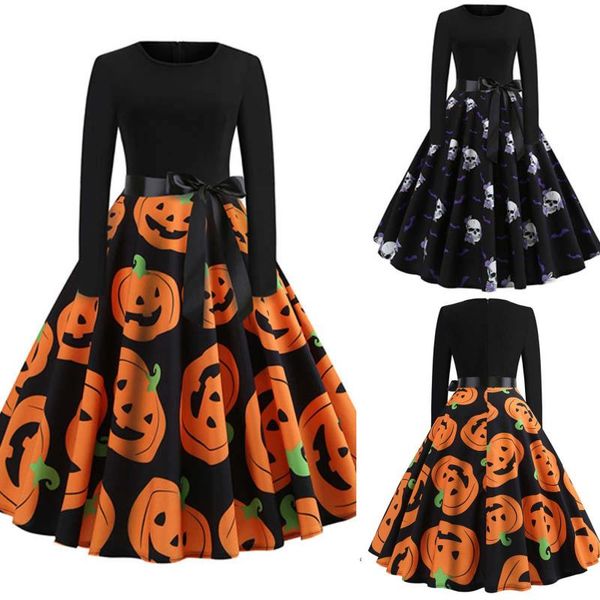 

casual dresses halloween for women party long sleeve o-neck dress elegant pumpkin printed vintage gown women's s-3xl, Black;gray