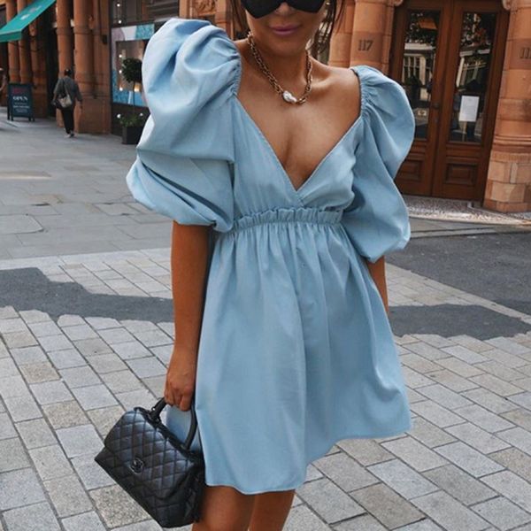 

2021 new female white deep v-neck half sleeve casual mini spring women a line party vestidos clothing poju, Black;gray