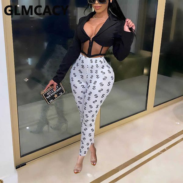 

women usd symbol printed pants casual skinny fitness trousers 210702, Black;white
