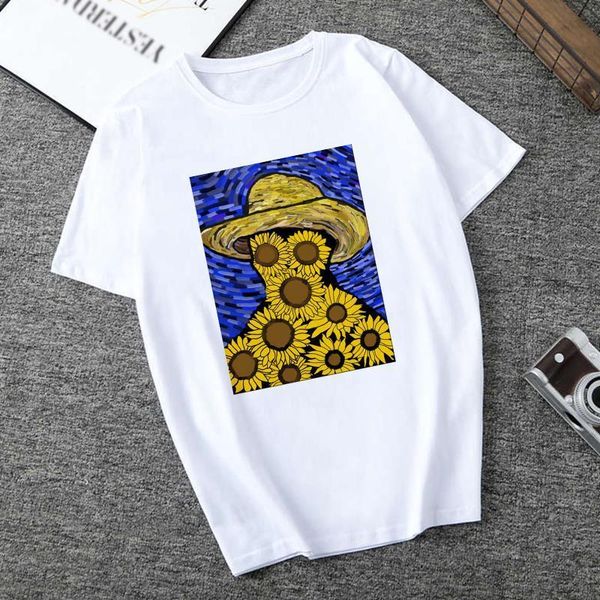 

van gogh printed women's t-shirt harajuku summer female tee for lady girl funny round neck t-shirts aesthetic streetwear, White